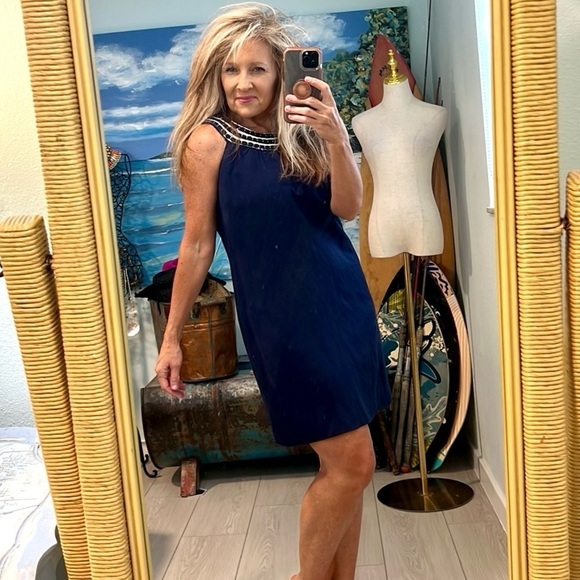 VINEYARD VINES, Navy SEQUIN EMBELLISHED Linen Blend SHIFT Dress, EUC, Size 4 - Picture 7 of 12